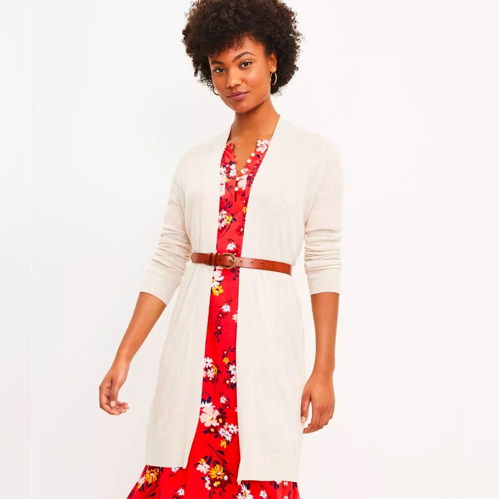 NWT long open cream cardigan. Loft. Large